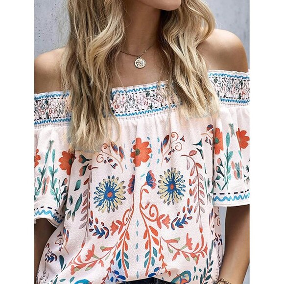 ๐ 2/$20 ๐ Off Shoulder Elbow Length Sleeve Boho Floral Blouse sz XS - Picture 2 of 6